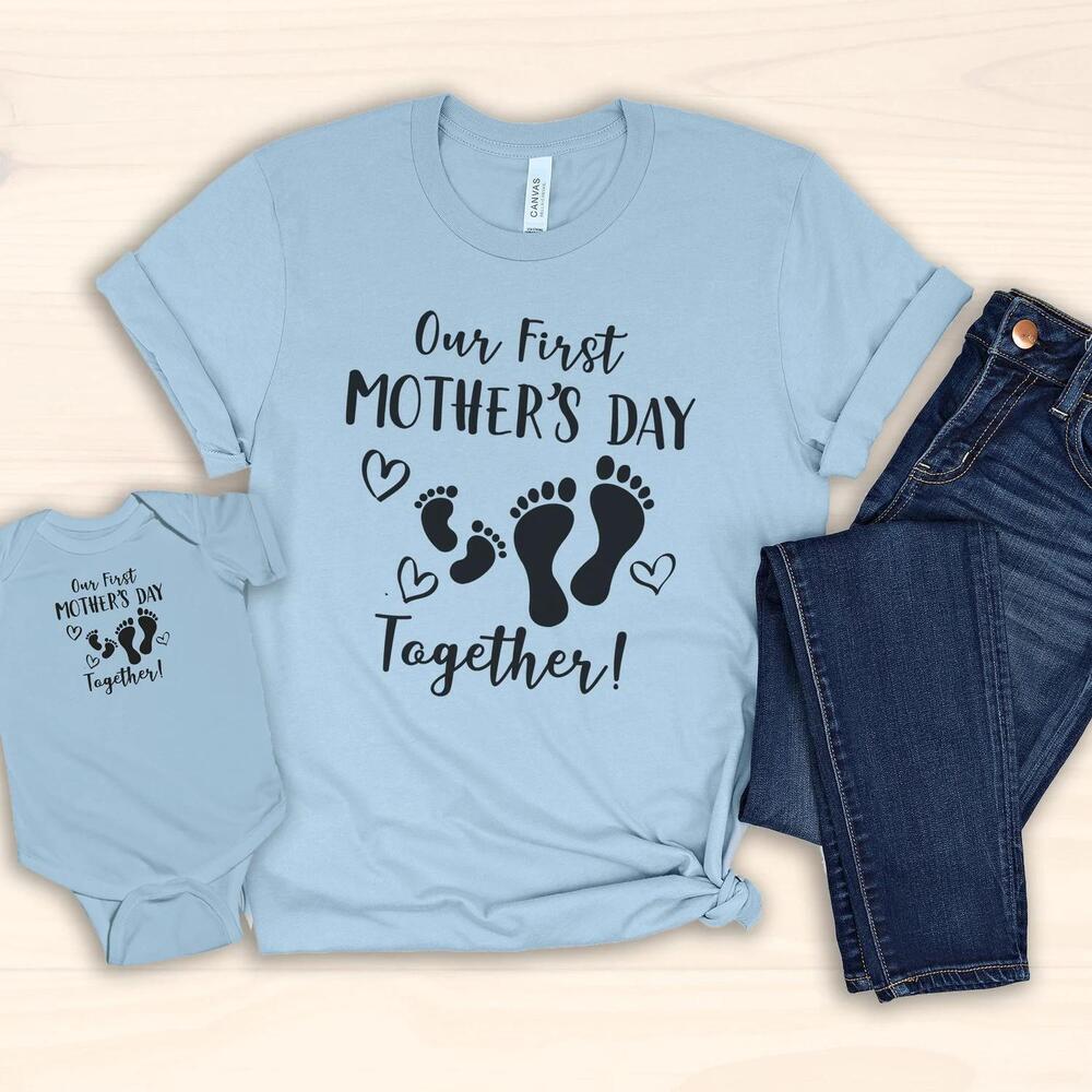 First Mothers Day Shirt Baby Footprint Mom Tee